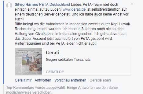 Mein Kommentar abgegeben auf der Facebook Seite von PeTA Deutschland- Dieser wurde von PeTA gelöscht - WARUM WOHL????