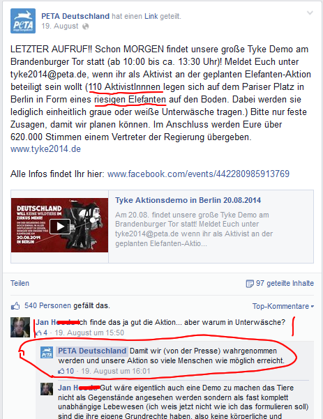 Sreenshoot PeTA Deutschland Facebook Seite
