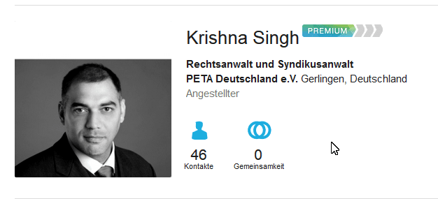 Rechtsanwalt Krishna Singh arbeit als Angestelter bei PeTA