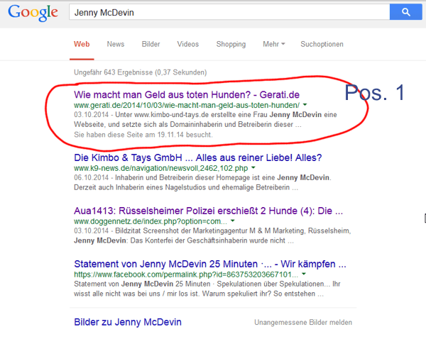 Dieses Suchergebnis ist Jenny McDevin ein Dorn im Auge