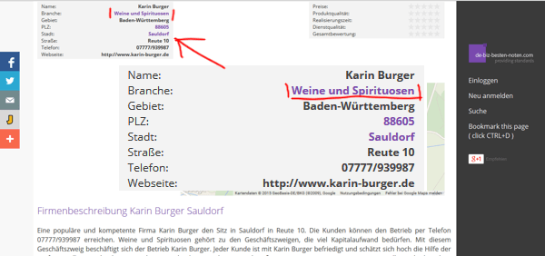 Welche Tätigkeiten Frau Karin Burger alles ohne Erfolg ausgeführt hat. Von einer Dozenten, zu einem Wein- und Spirituosen Handel, zu einem Möchtegern-Tierschützer, zu einer unfähigen Journalisten! Ein beeindruckender Berufsweg! Screenshot: Weitere Nachweise unter: und