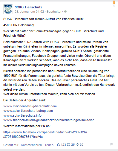 Auslobung von 4.500 € zur Ergreifung des Täters durch SOKO Tierschutz e.V.