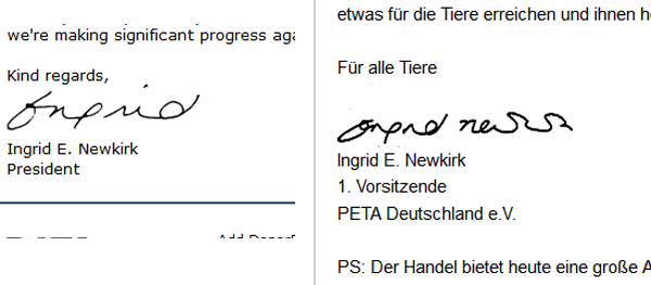 Links: Unterschrift PeTA USA / Rechts:Unterschrift PeTA Deutschland Links: Unterschrift PeTA USA / Rechts:Unterschrift PeTA Deutschland