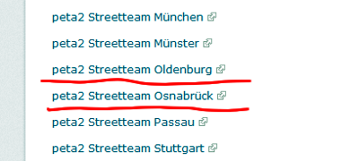 Screenshot Auflistung Streetteams auf der Webseite Peta2.de
