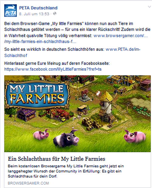 Screenshot Facebook Seite PeTA Deutschland e.V.