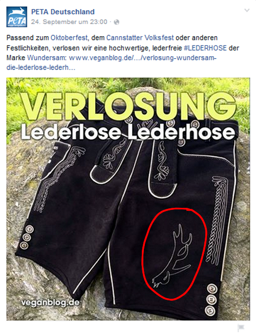 Lederlose Lederhose im Jagdlook verlost von PeTA / Screenshot Facebook Seite PeTA