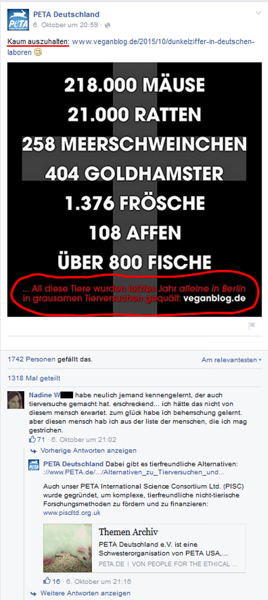 Screenshot PeTA Facebook Seite