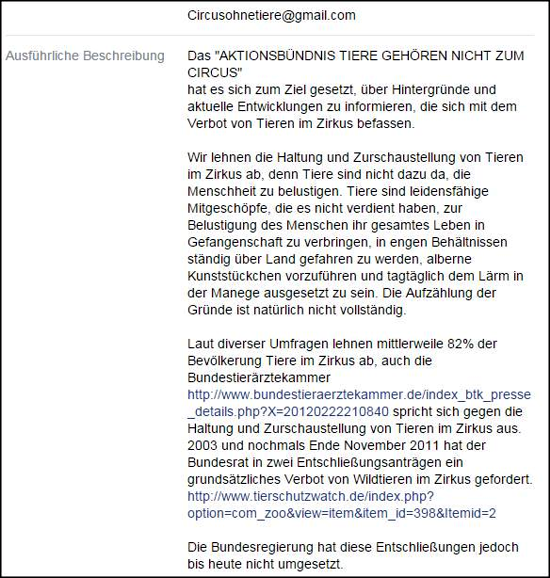 Die "Ausführliche Beschreibung" der FB-Seite, die hier behauptet, bloß "informieren" zu wollen I.