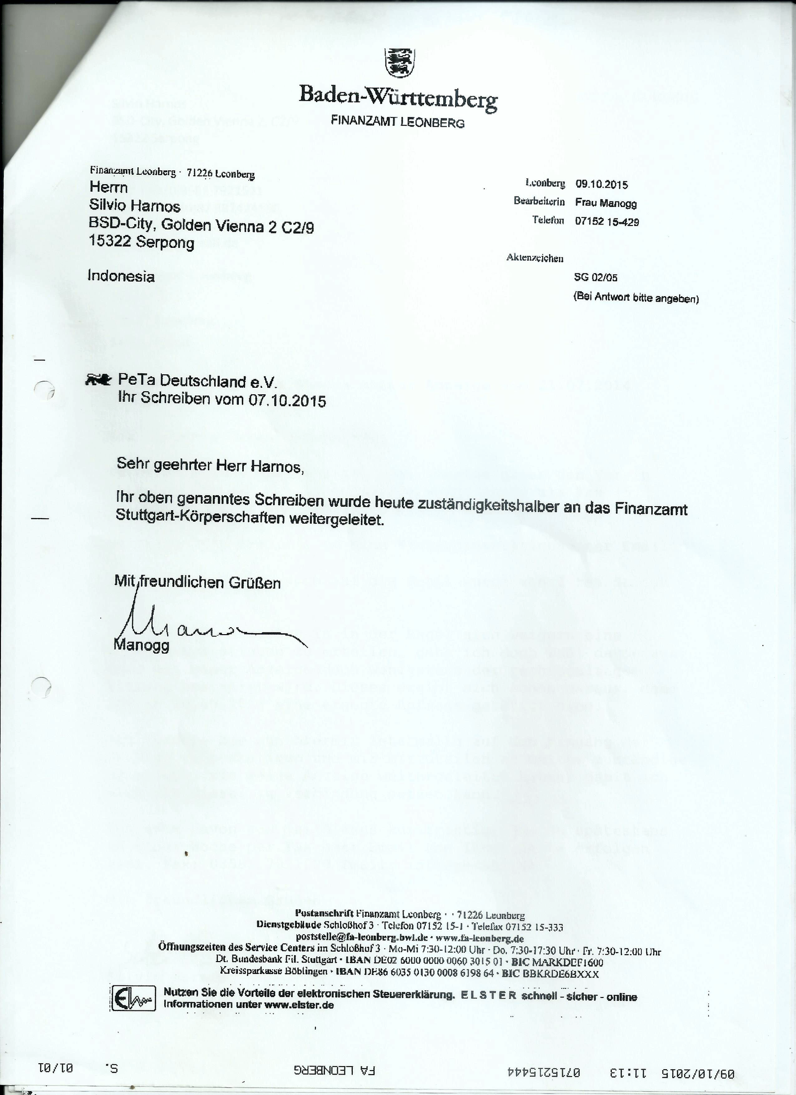 Antwortschreiben des Finanzamtes Leonberg vom 09.10.2015