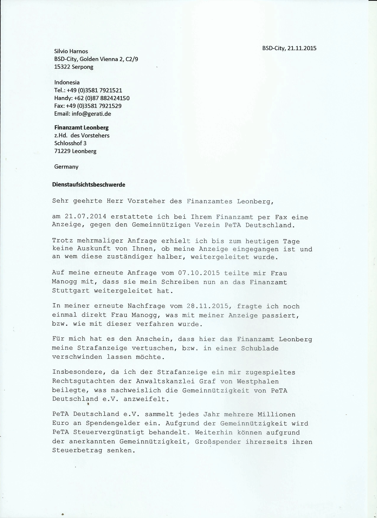 Dienstaufsichtsbeschwerde z.Hd. des Vorsteher Finanzamt Leonberg Seite 1
