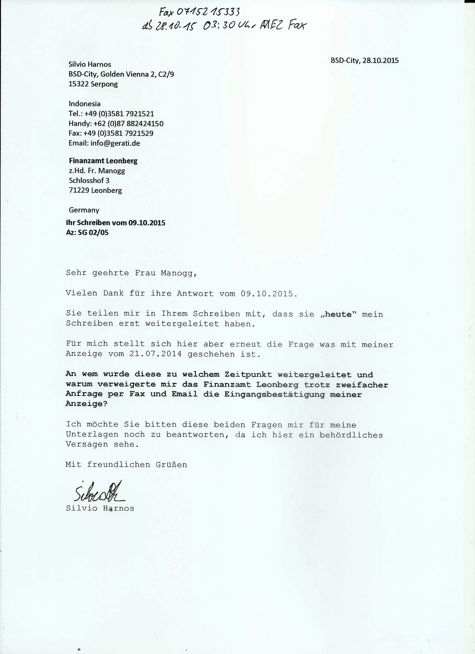 Meine Antwort auf das Schreiben des Finanzamtes Leonberg