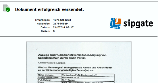 Kopie des Sendeberichtes an das Finanzamt Leonberg