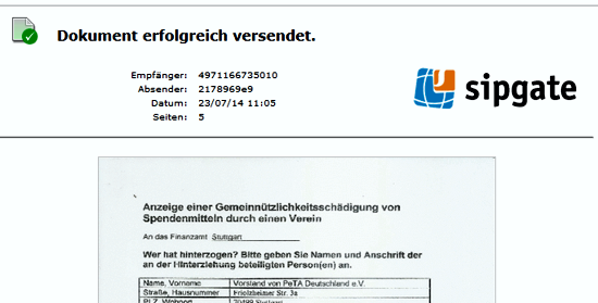 Kopie des Sendeberichtes an das Finanzamt Stuttgart