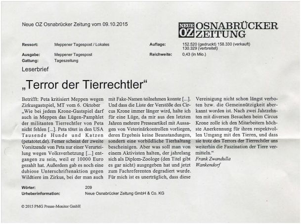 Veröffentlichter Leserbrief in der Osnabrücker Zeitung vom 09.10.2015