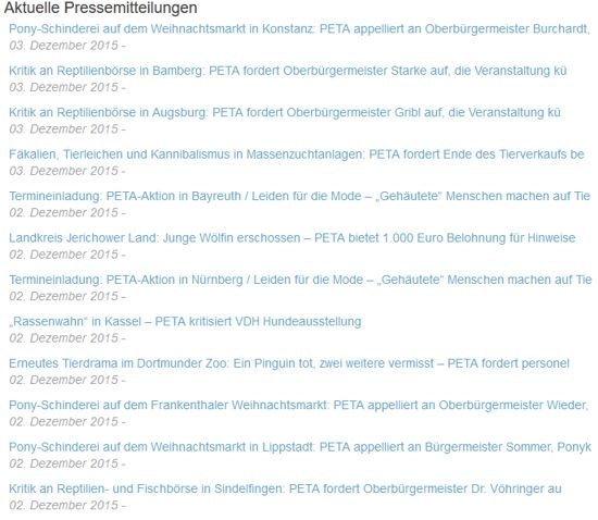 Screenshot PeTA.de aktuelle Pressemiteilungen