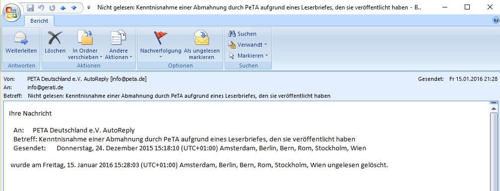 Nachricht vom PeTA Mailserver - Meine Email wurde nicht gelesen