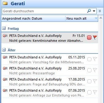 Emails die auf Rechtsverstöße PeTA hinweisen, werden einfach nicht gelesen