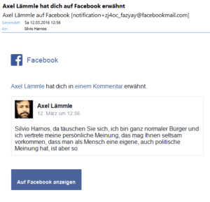 Facebook Email mit Kommentra von Axel Lämmle