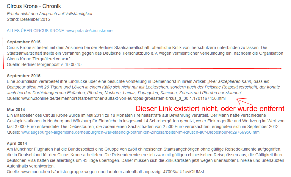 Screenshot: PeTA.de angebliche Tierschutzverletzung von Circus Krone