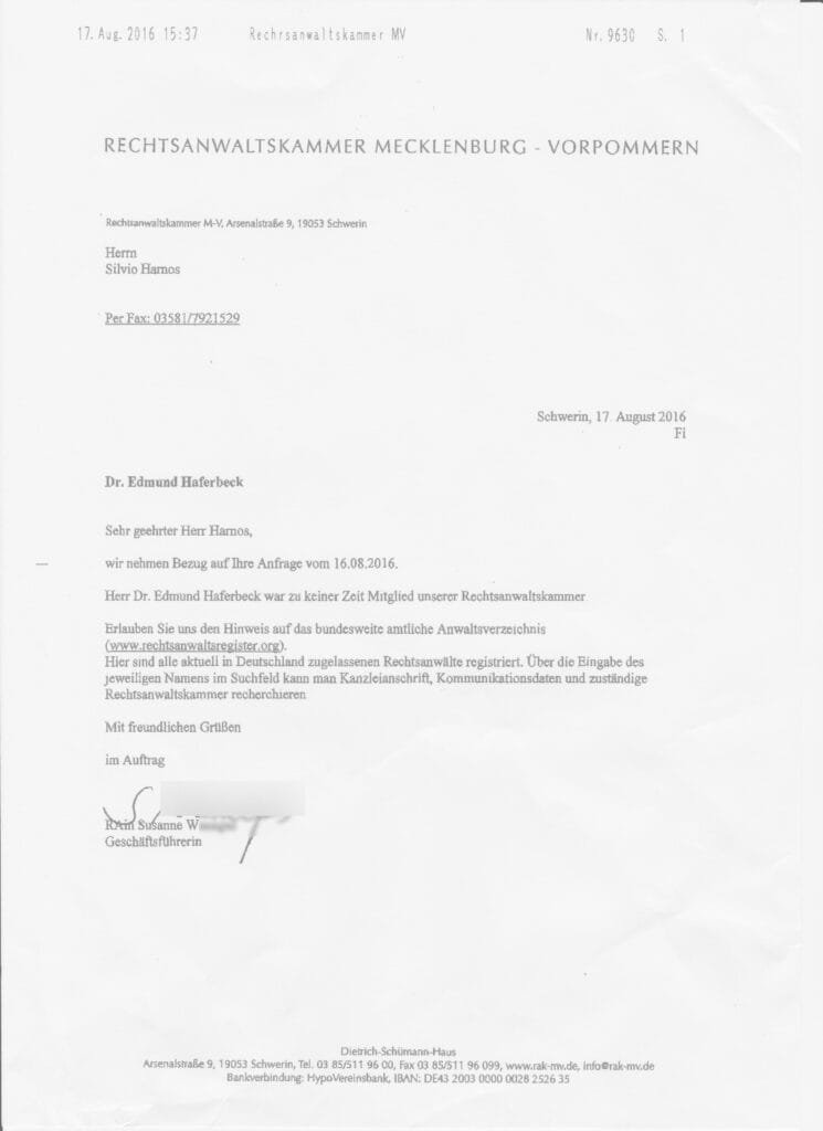 Systematischer Titelmissbrauch bei PeTA / Antwortschreiben der Rechtsanwaltskammer
