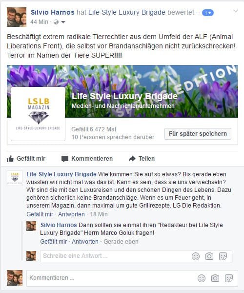 Bewertungsabgabe bei einem Arbeitgeber eines beteiligten Shitstormers / Screenshot Facebook