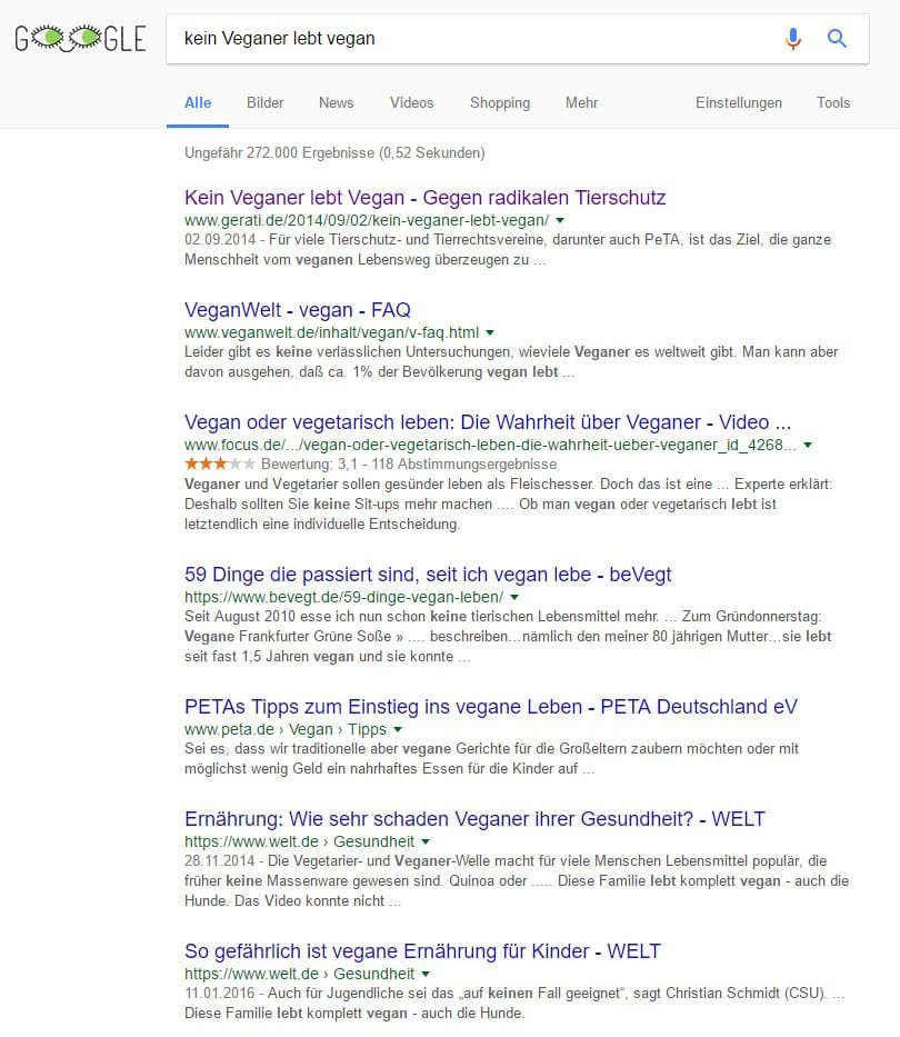 Kein Veganer lebt Vegan / Screenshot Google