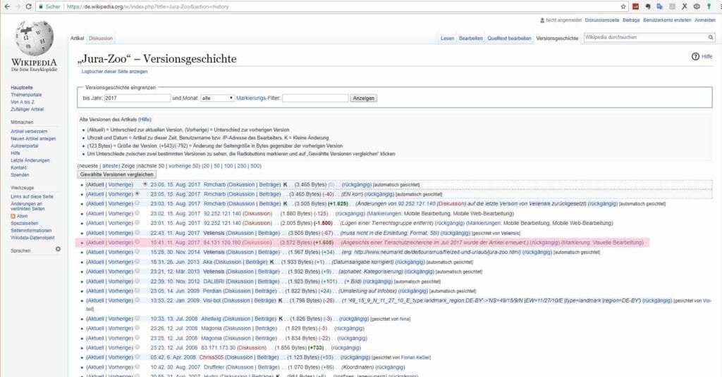Screenshot Wikipedia Versionsverlauf Jura-Zoo